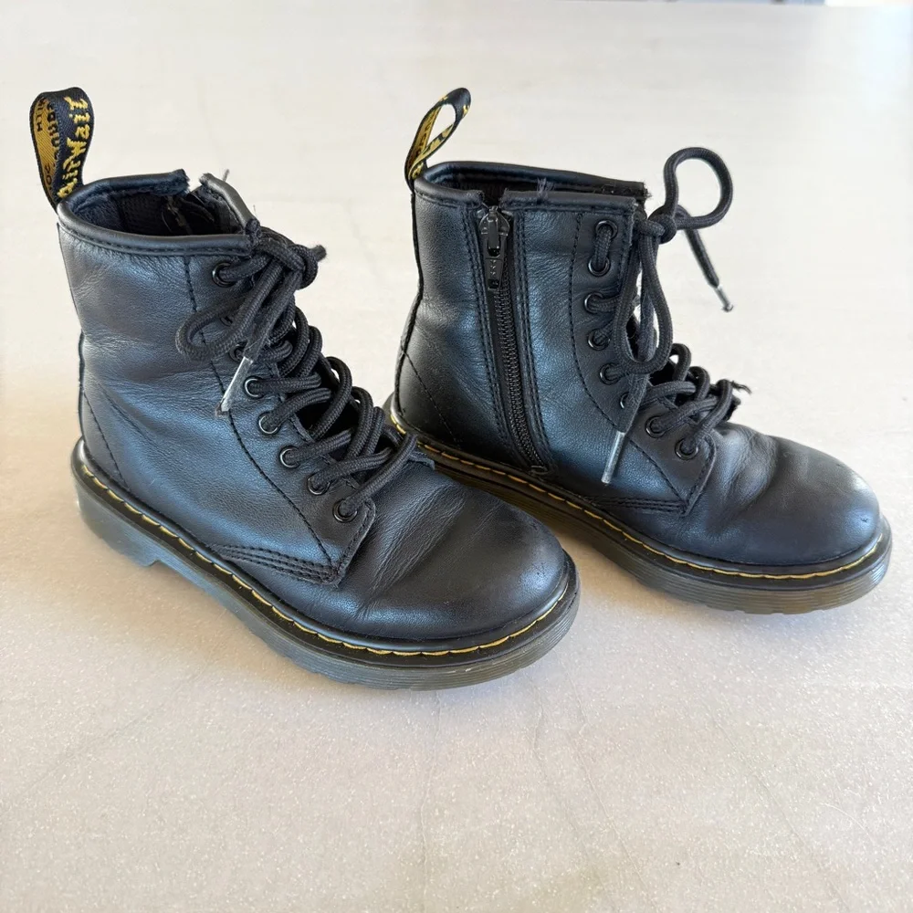 Dr. Martens Kids Black Leather Lace-Up Boots Size 12 Side Zip